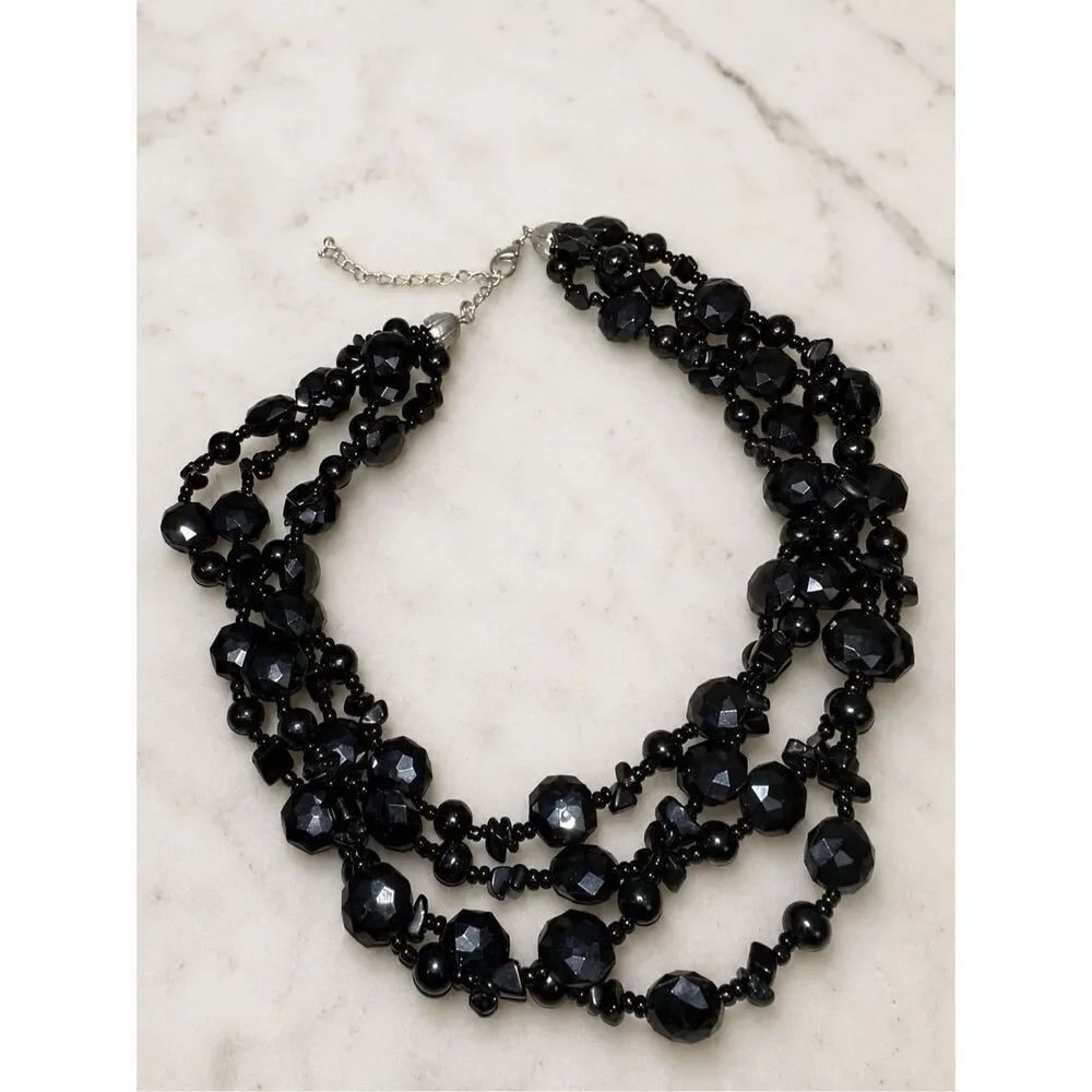 Charming Charlie Black Multi Strand Beaded Statement Necklace Faceted Bib Adjust